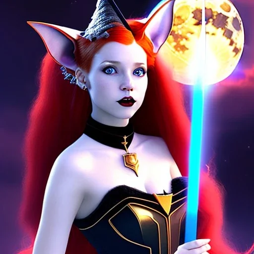 Attractive teenage girl with fire red hair, who is dressed like a witch casting a spell with a quarterstaff on the moon, she has cat ears and open dazzling blue eyes, has a normal nose, background is realistic space, the girl is on a planet, black goth girl dress, full body portrait, arm colors gradient effect into stars, rendered, unity 3d, unreal engine, dslr, hdr, 4k, edited, photorealistic, normal number of appendages, freckles, artists rendered,