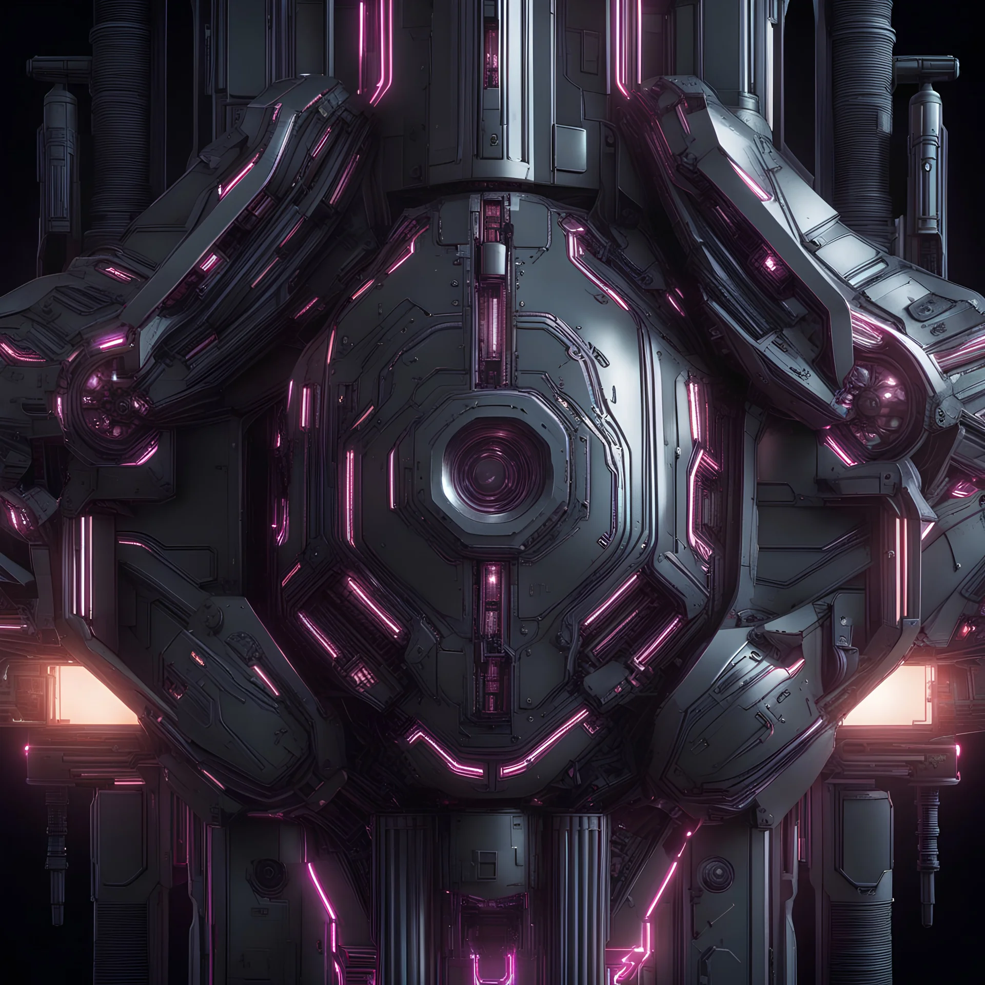 the capital letter H. Encased in a futuristic object with lots of greebling, lasers, tubes, cyberpunk details. it looks like a spaceship. background is black.