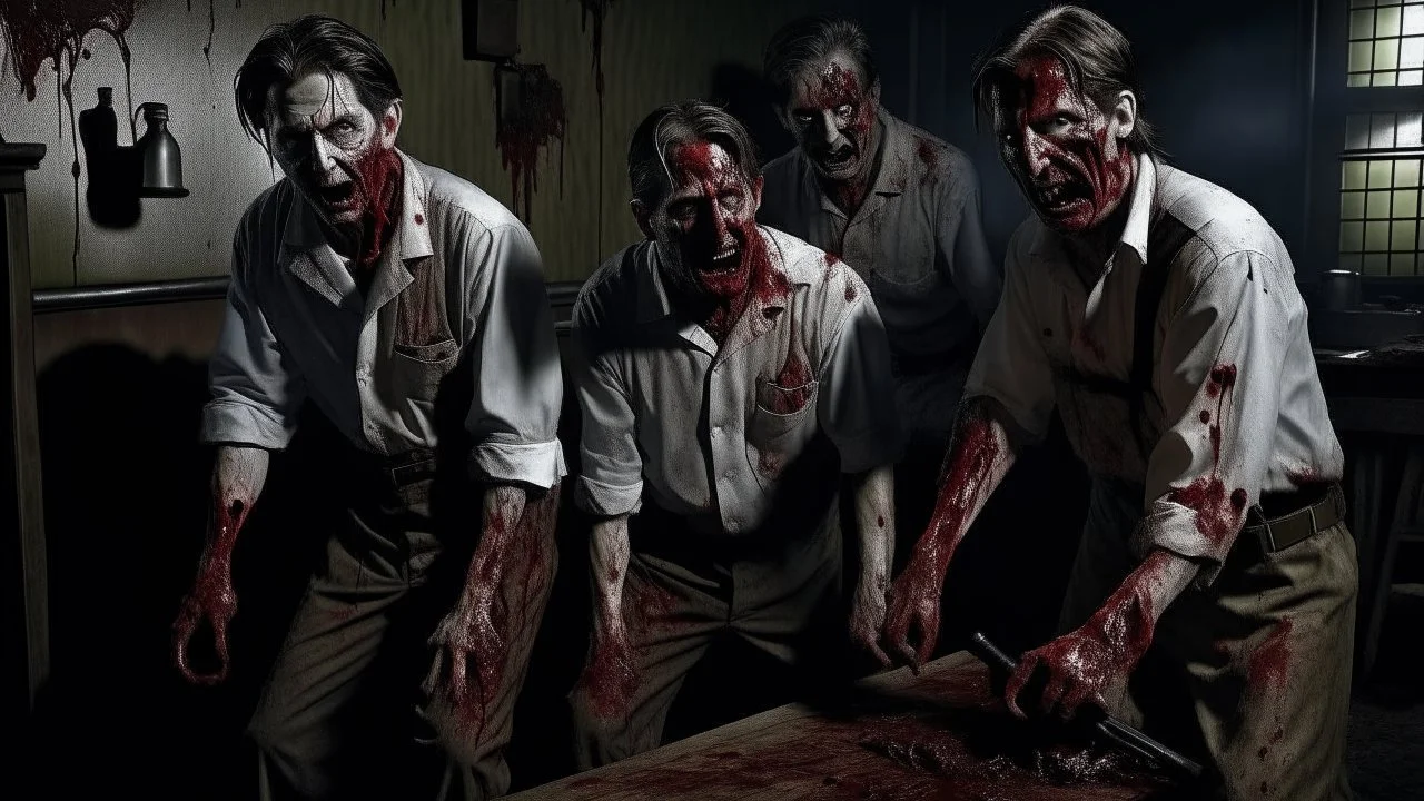 4 men zombies in adark room bloody help