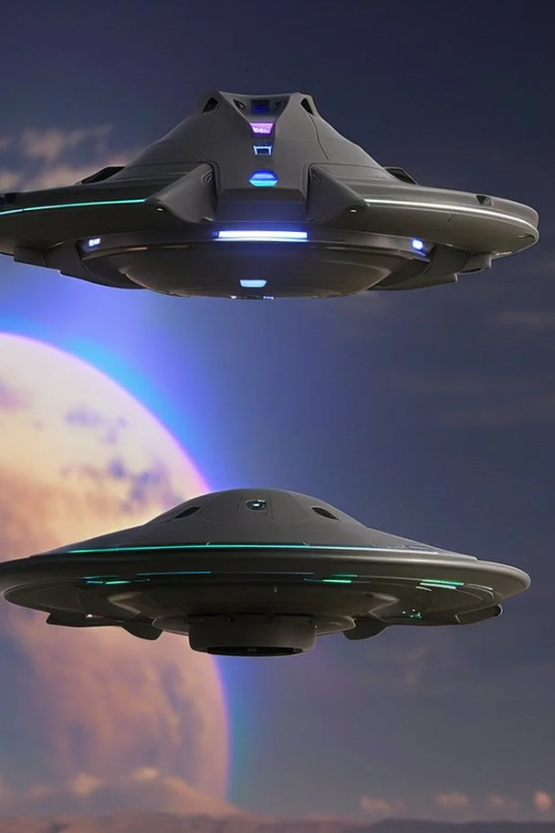 a smooth looking ufo craft with 3 separate lights underneath, full image, rule of thirds