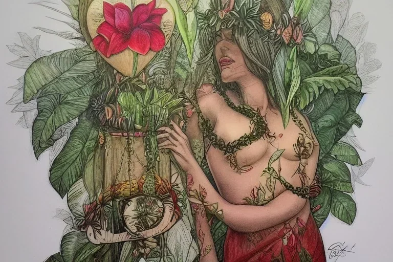 Lilith, Goddess, tropical flowers, realistic heart drawing, crystals, tropical leaves, sacred altar, Fantasy home.Enki Bilal