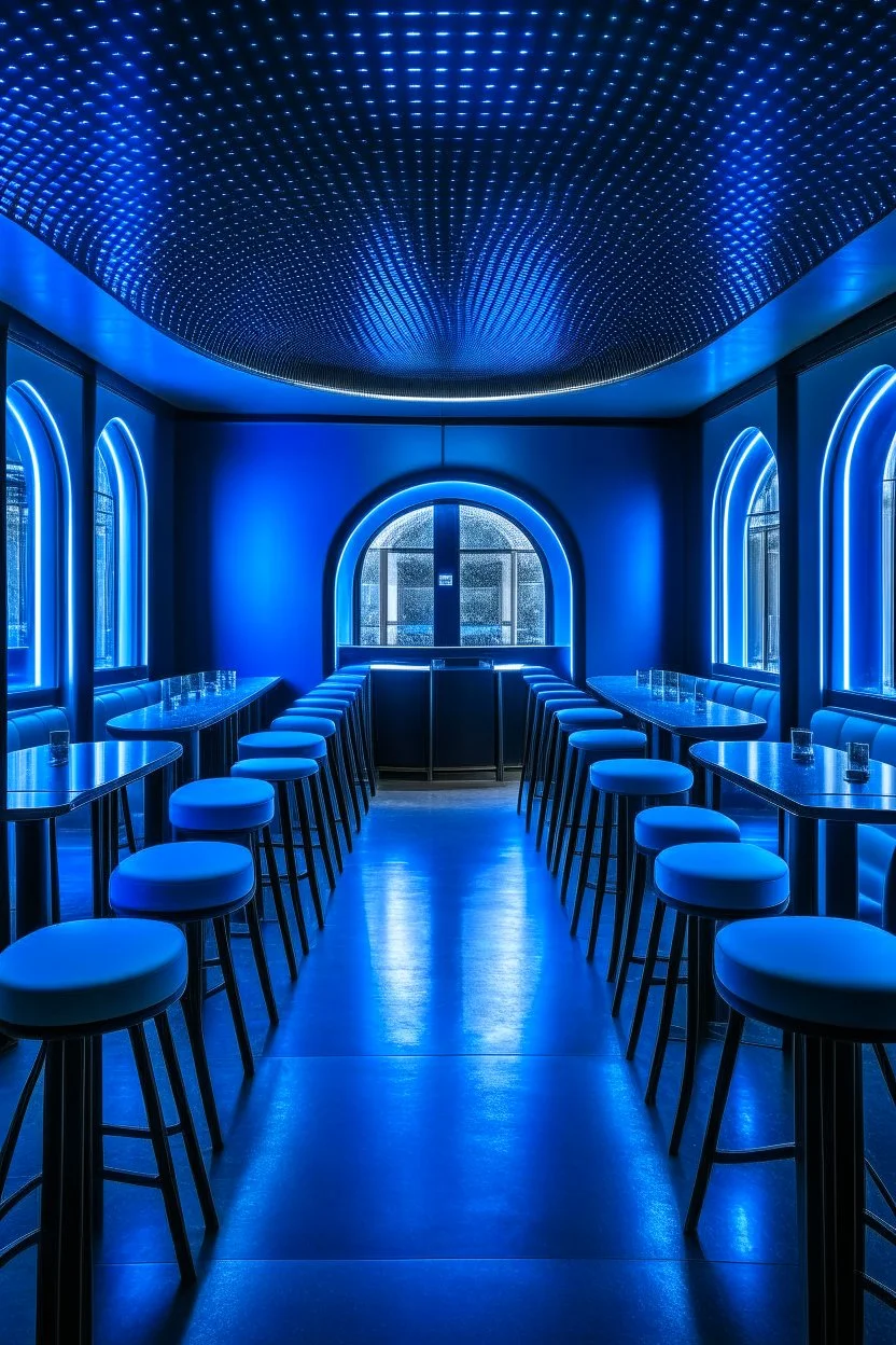 A restaurant whose outer walls are oval in shape, the color of the inside is blue, and its floor is light, with a bar table in the middle of the restaurant in the shape of an oval, containing 30 chairs without windows.