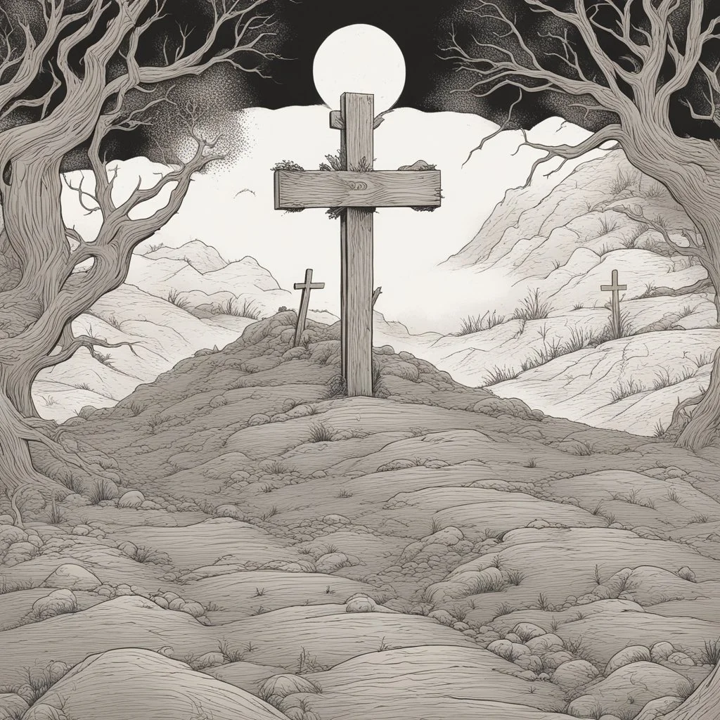 one dirt grave, wood cross, comic book, illustration,