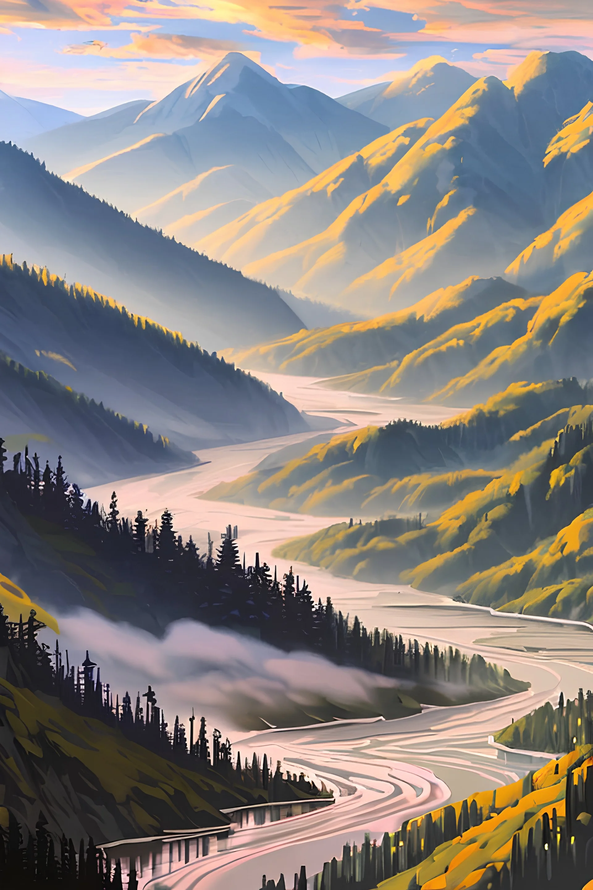 Forest, River And Mountains top view