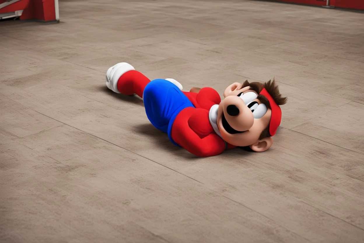 mario laying on the floor , super mad