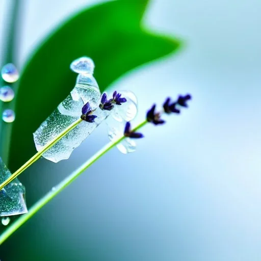 There are many green pointed tender leaves on the flower branches, many crystal clear lavender flowers, and translucent petals curled around its wet flower center. There are crystal dew on the flowers. The hazy gray blue background is clear, and several transparent snowflakes are falling,HD --ar 9:16