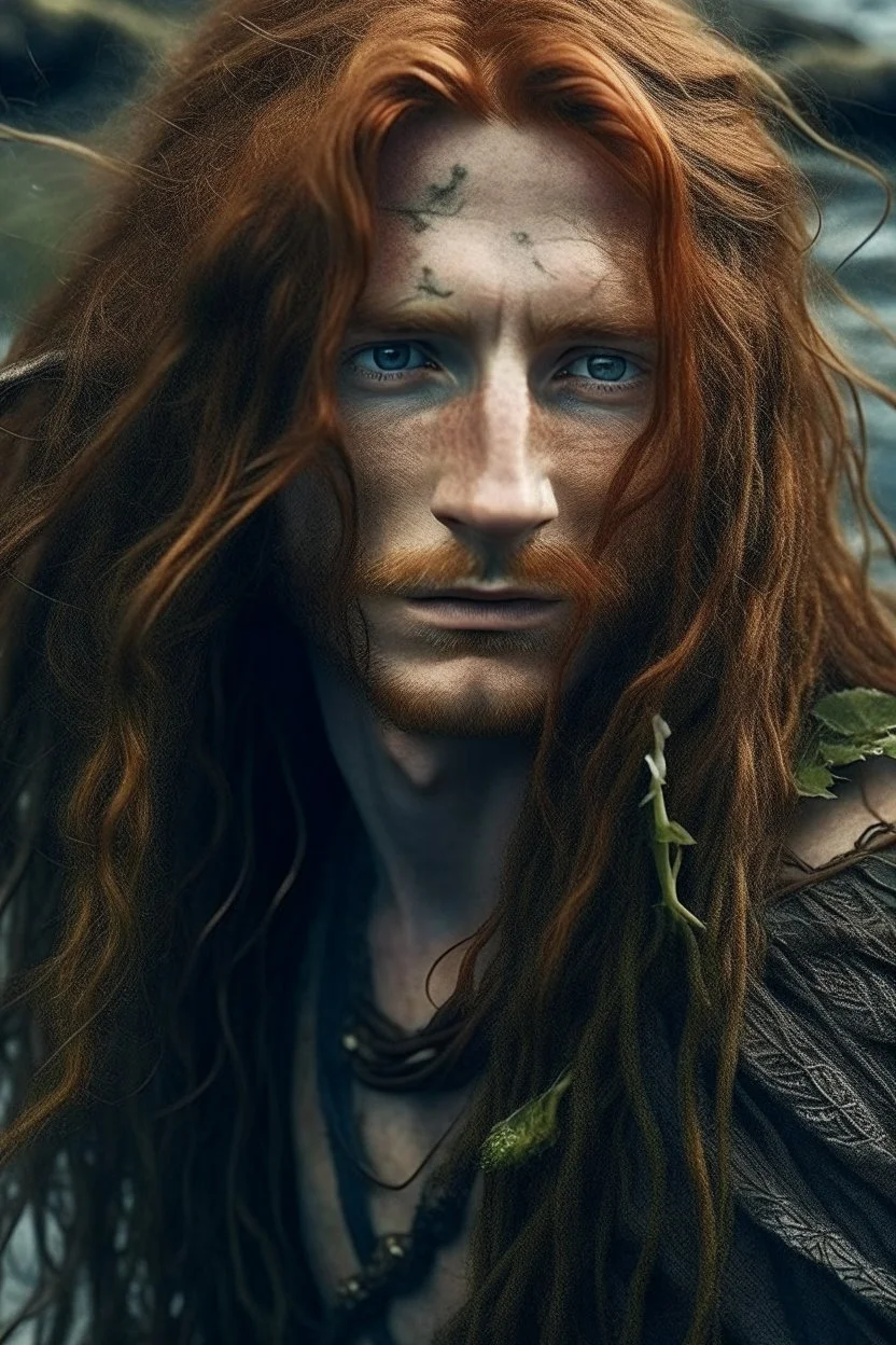 rugged wet pirate nereid male with seaweed in long auburn hair and freckles