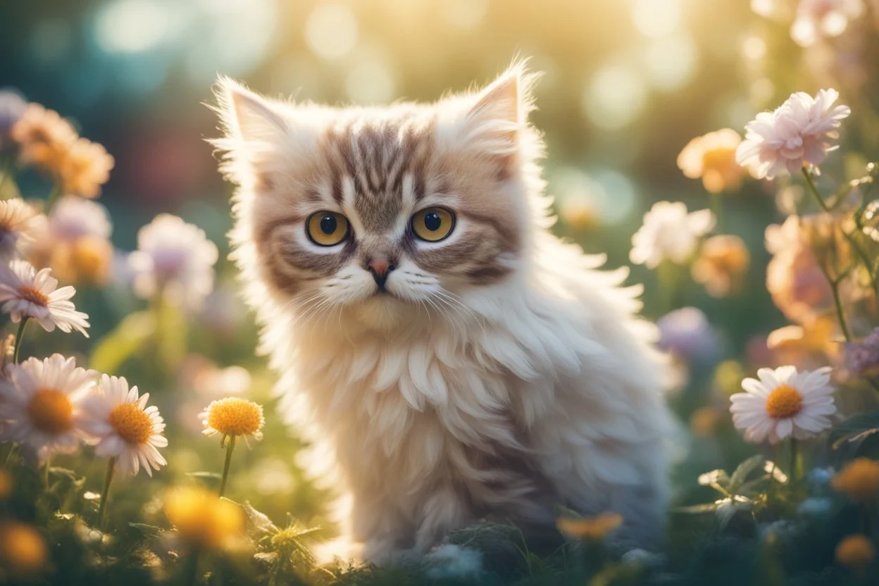 antropomorph kitten owl in a flowergarden in sunshine, ethereal, cinematic postprocessing