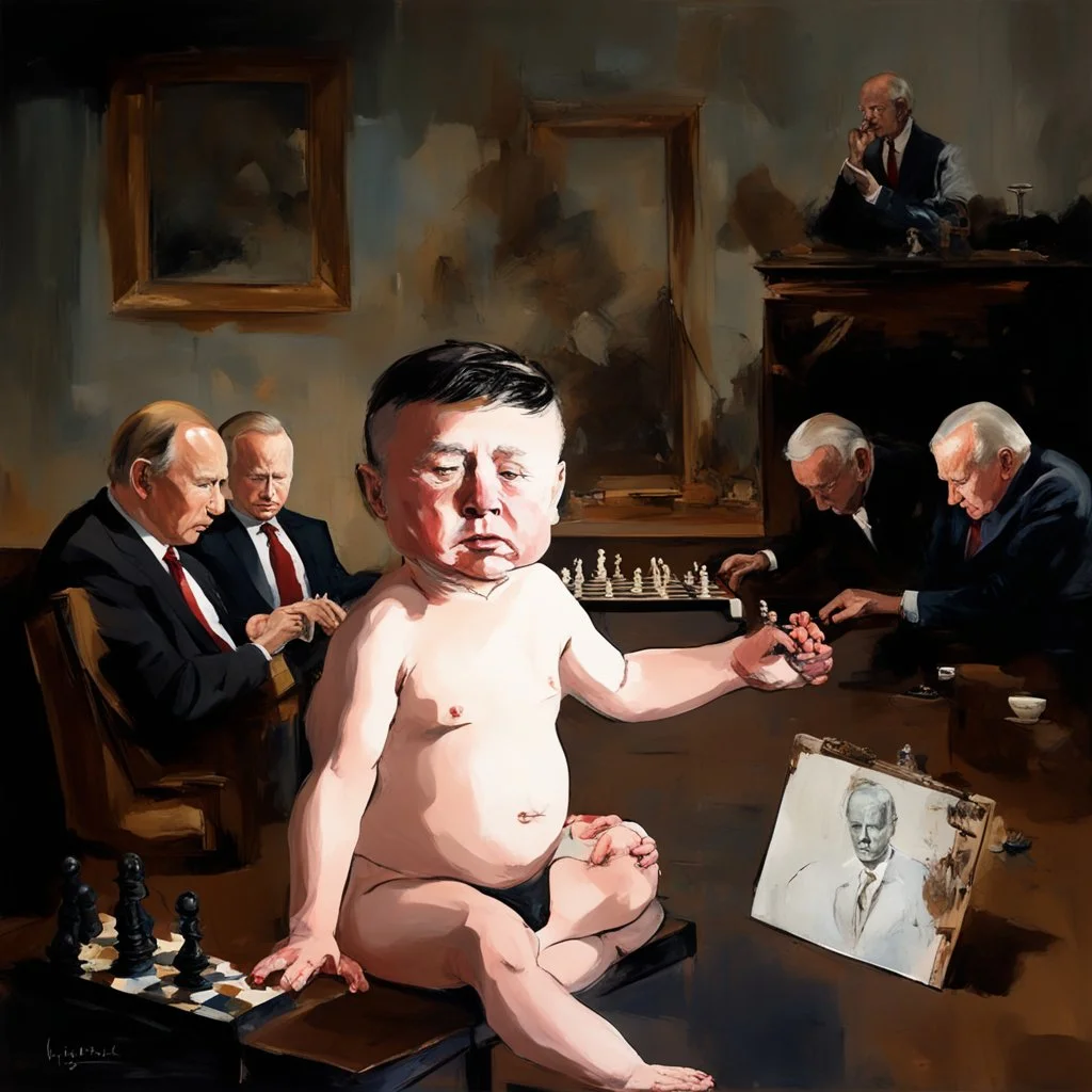 Putin, President Xi Of China And Joe Biden Play Chess With Atomic Bomb Mushroom Cloud,Complex Surgical Instruments Intermixed With A Newborn Boy,Minimalism,Painting By Adrian Ghenie,Rene Magritte,Pablo Picasso,Michelangelo,Salvador Dali,Lucian Freud