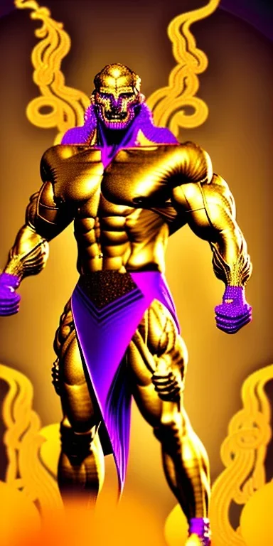 golden venom man with big muscles and big claws and purple smoke background