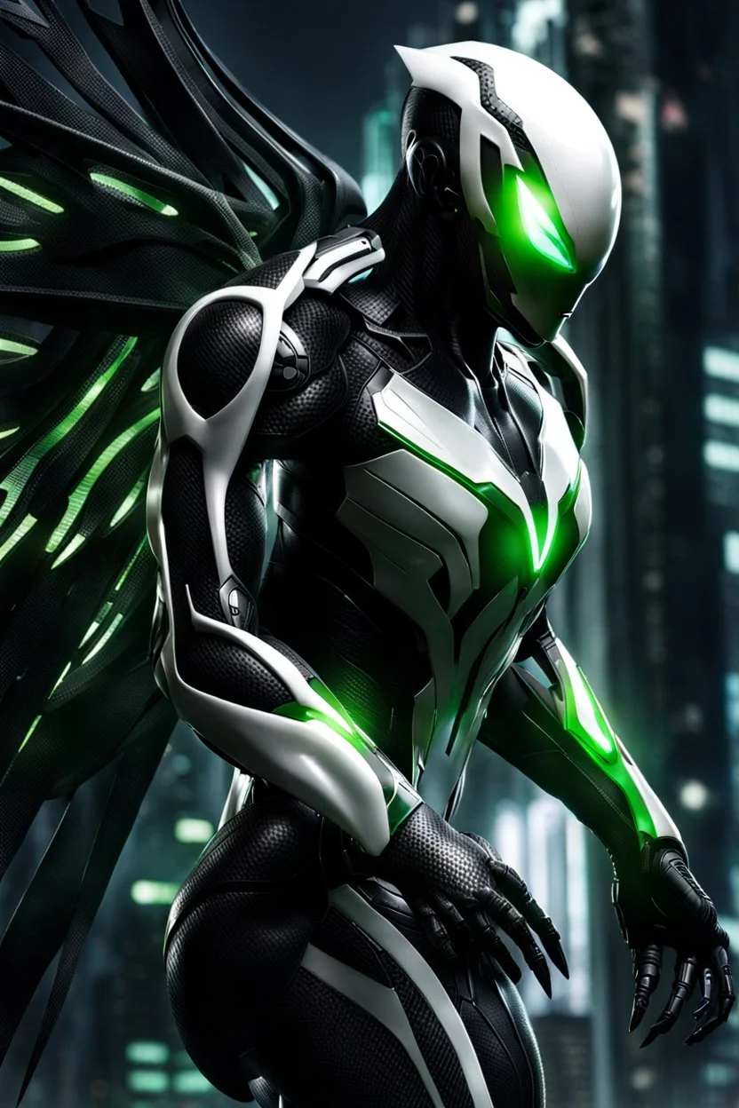 Cyborg symbiote, white color, green color, tendrils, high tech, cyberpunk, biopunk, membrane wings, carbon fiber, cyber tentacles, and the other two.