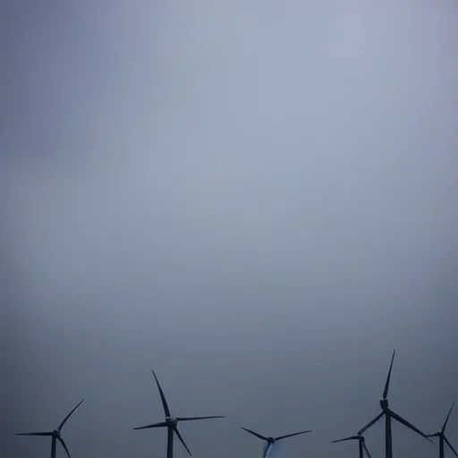 Thousands vertical wind turbines. Heavy cold rain. Thunderstorm. An engineer looking up. Futuristic scenary. Gray mist.