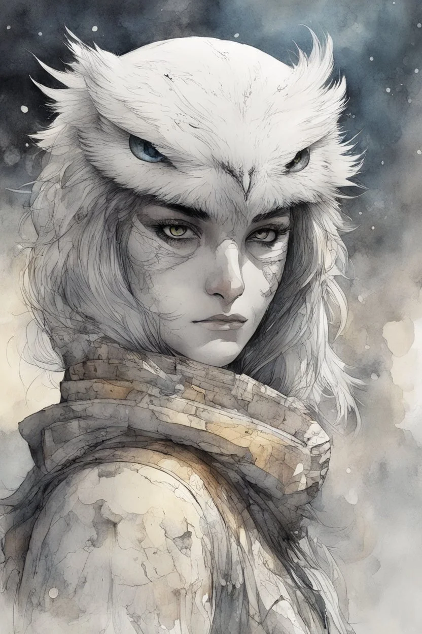 ink wash and watercolor illustration of a whimsical hybrid Snowy Owl girl with highly detailed feathers and facial features in the comic book style of Bill Sienkiewicz and Jean Giraud Moebius, with a fine art aesthetic, highly detailed , 4k UHD cinegraphic quality