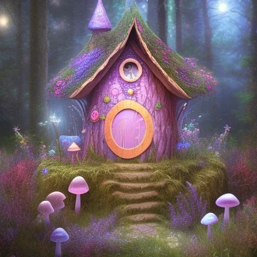 fairy house in the forest, blue and pink lights mushrooms and big flowers around