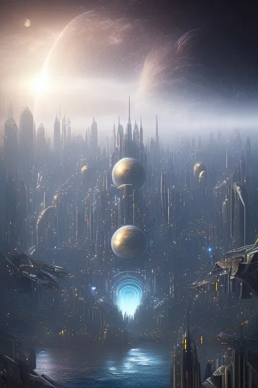 Cité cosmique futuriste avec dome, brouillard, riviers animé, soleil, ciel étoilé cgi,