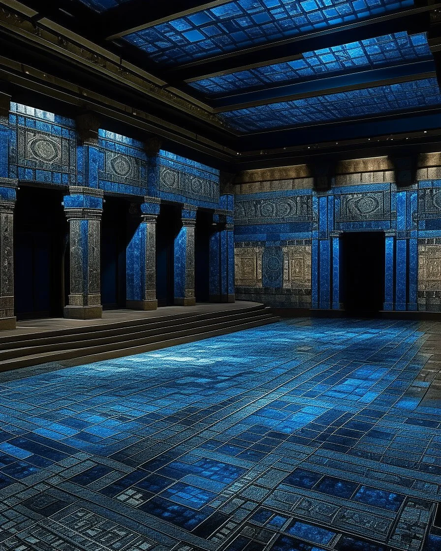 A giant radiant dark blue theatre designed in ancient Roman mosaics