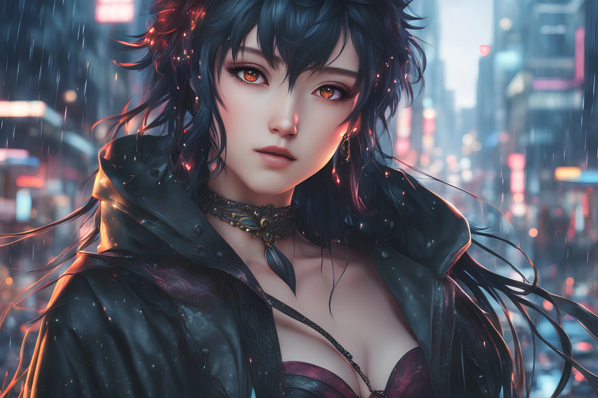 tsukuyo in 8k anime cgi artstyle, normal eyes, close picture, neon effect, rain, apocalypse, intricate details, highly detailed, high details, detailed portrait, masterpiece,ultra detailed, ultra quality