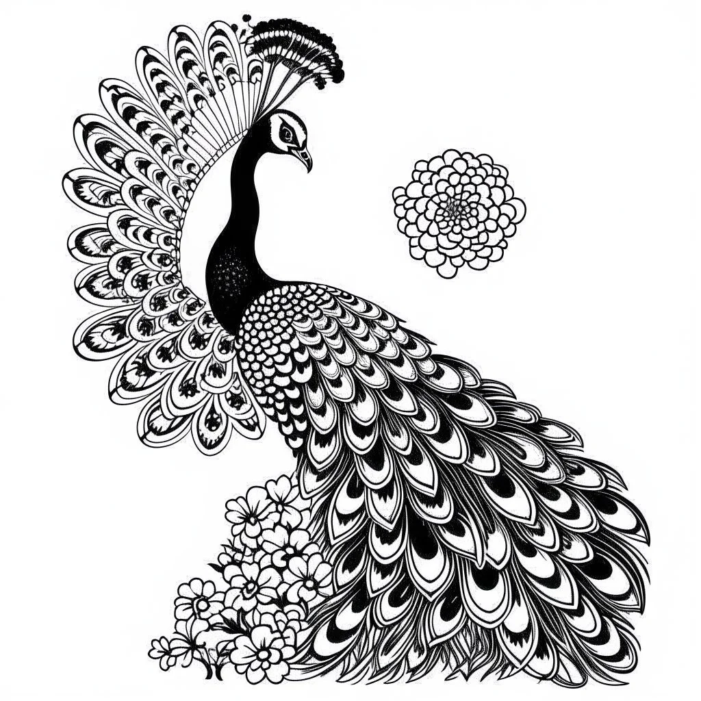 white, A peacock in a regal pose, focusing on its majestic feathers., coloring book, vector, white background, outline, with images neatly contained within the background, just black and white color, full body, no color.