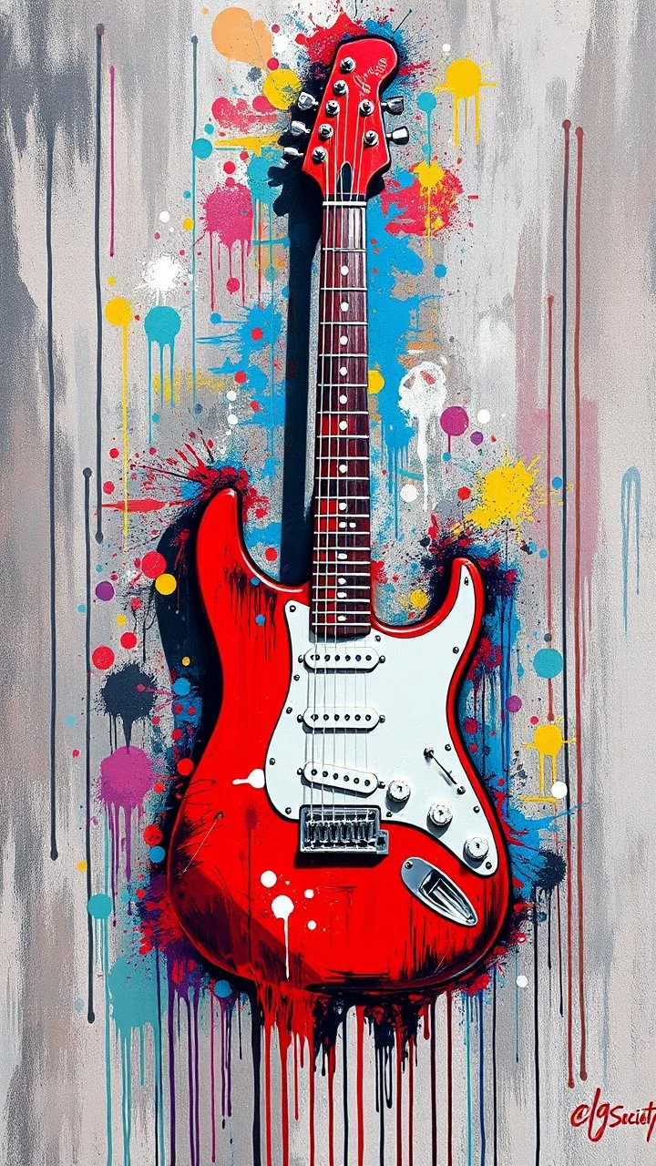 A red electric guitar , graffiti art, splash art, street art, spray paint, oil gouache melting, acrylic, high contrast, colorful polychromatic, ultra detailed, ultra quality, CGSociety, plant based skink,