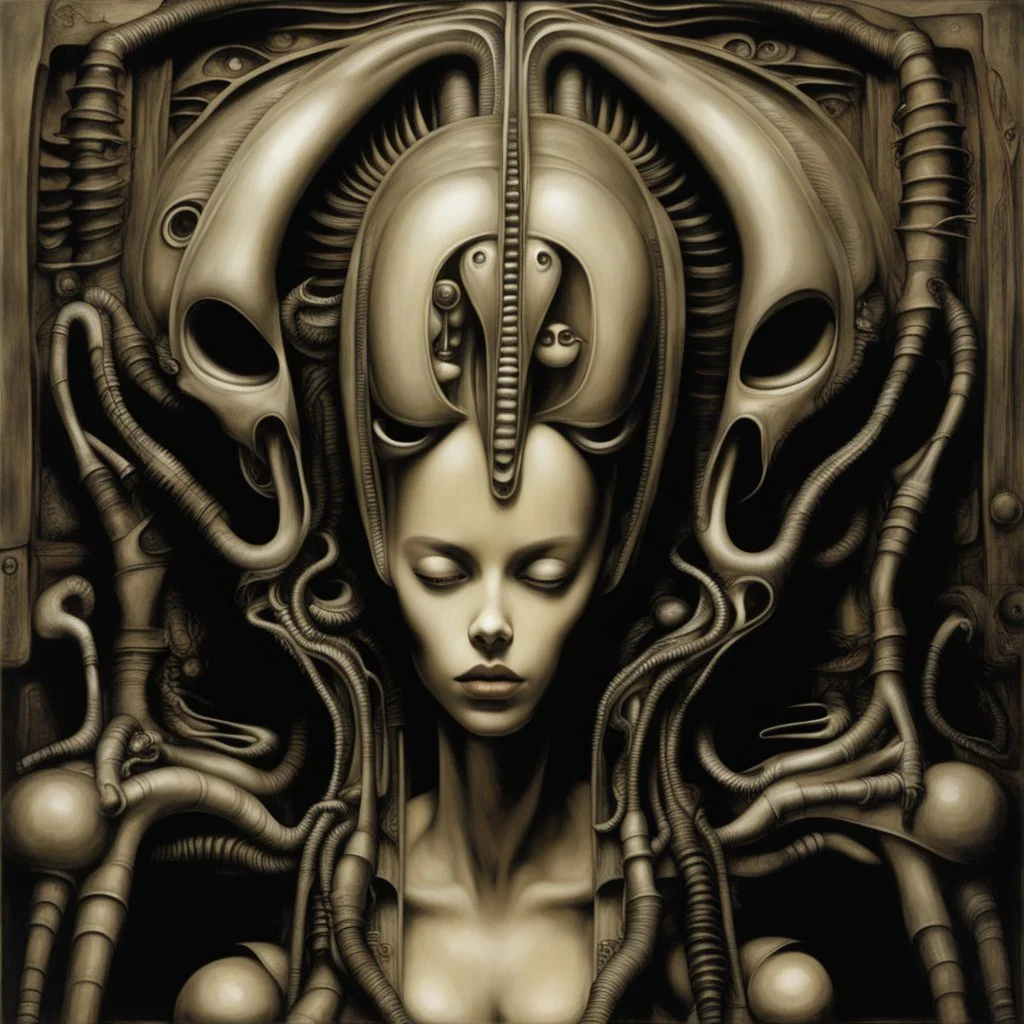 In HR Giger's artwork, the biomechanical theme often extends to the representation of human figures, including depictions of multiple female figures. Giger's two-girl biomechanical imagery is characterized by the fusion of organic and mechanical elements, creating a disturbing and otherworldly vision of female forms. The two-girl biomechanical compositions by Giger often feature twisted and contorted bodies intertwined in a surreal and unsettling manner. The intricate details and dark color pal