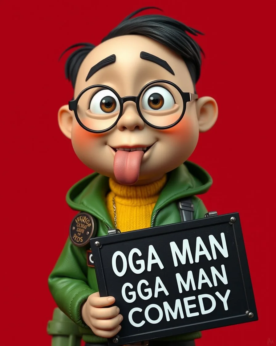 A nimated character with a round face, prominent eyes, and a small, protruding tongue. He is wearing glasses, a green jacket with a yellow collar, and a badge on his jacket that reads 'IKENGA Obodo Oma!'. He holds a black signboard with white text that reads 'OGA MAN COMEDY'. The character is positioned against a red background. Full body