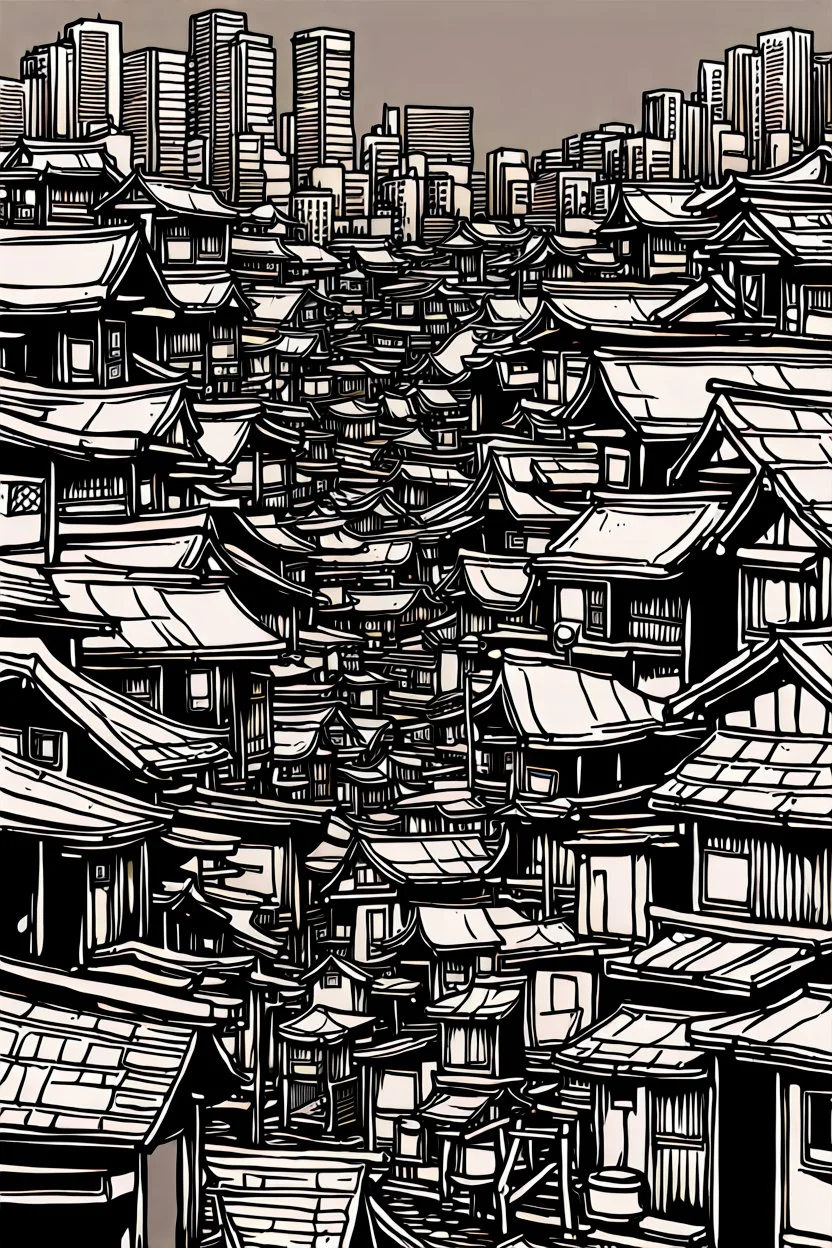 Tokyo shanty town, greyscale, thin line arts