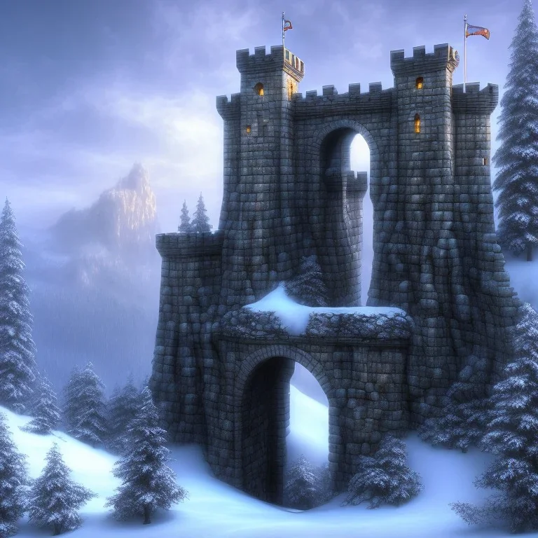 Castle wall under a natural stone bridge in snowy mountains