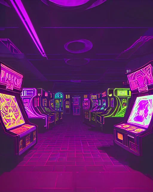 A dark photo of the corners of an 80's aesthetics arcade at night, with a lot of functioning arcade machines, a vaporwave floor and some colorful tiles in between the floor. Purple aesthetics. There are some pizza boxes over some of the arcade machines