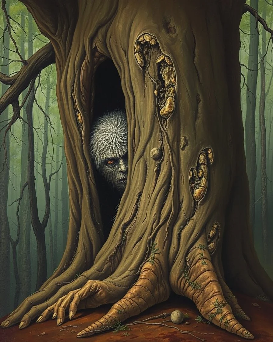 Bosch painting style , nightmare, a hairy big foot creature hiding behind a big tree , half of his body and face is showing up