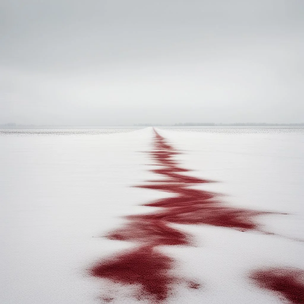 A captivating hyper minimalist photograph of a barren snow-covered field on a grey day with a tiny asymmetric crimson stain in the far lefthand side. The overall color palette is muted, with a small splash crimson contrasting against the white snow. The field stretches out in a long shot, creating a sense of isolation and desolation