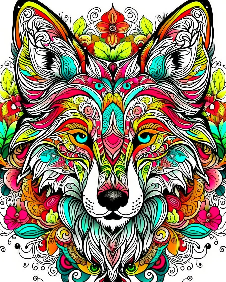 colourful Eurasian wolf ANIMAL Book cover for Adults, mandala, flower,