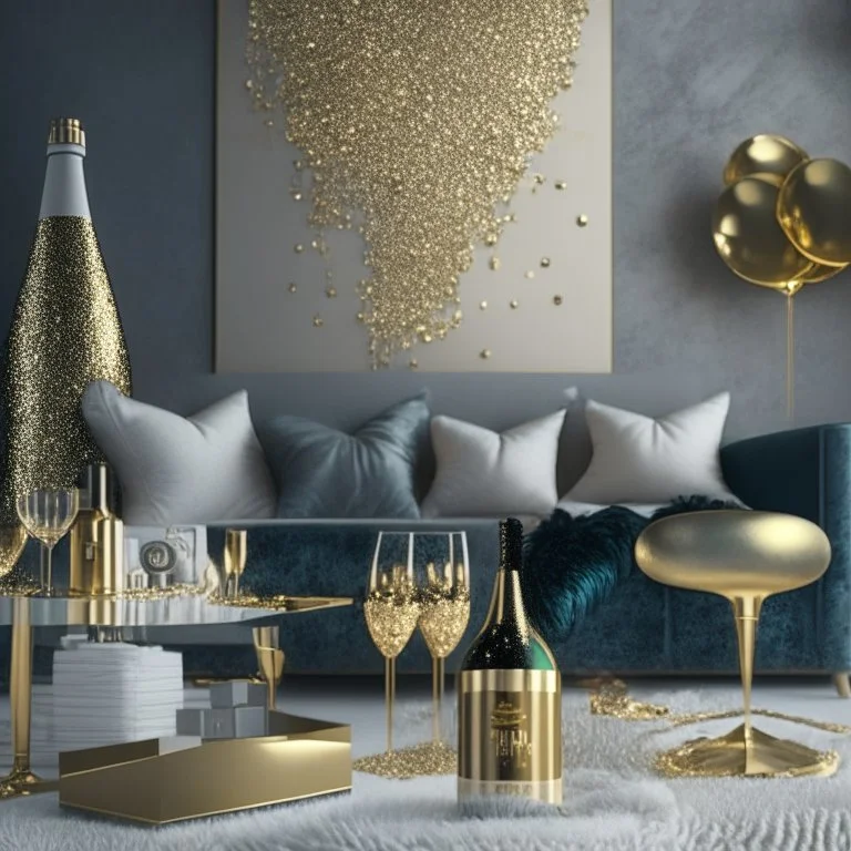 A picture of a modern living room with gold party decoration and champagne bottles and glasses