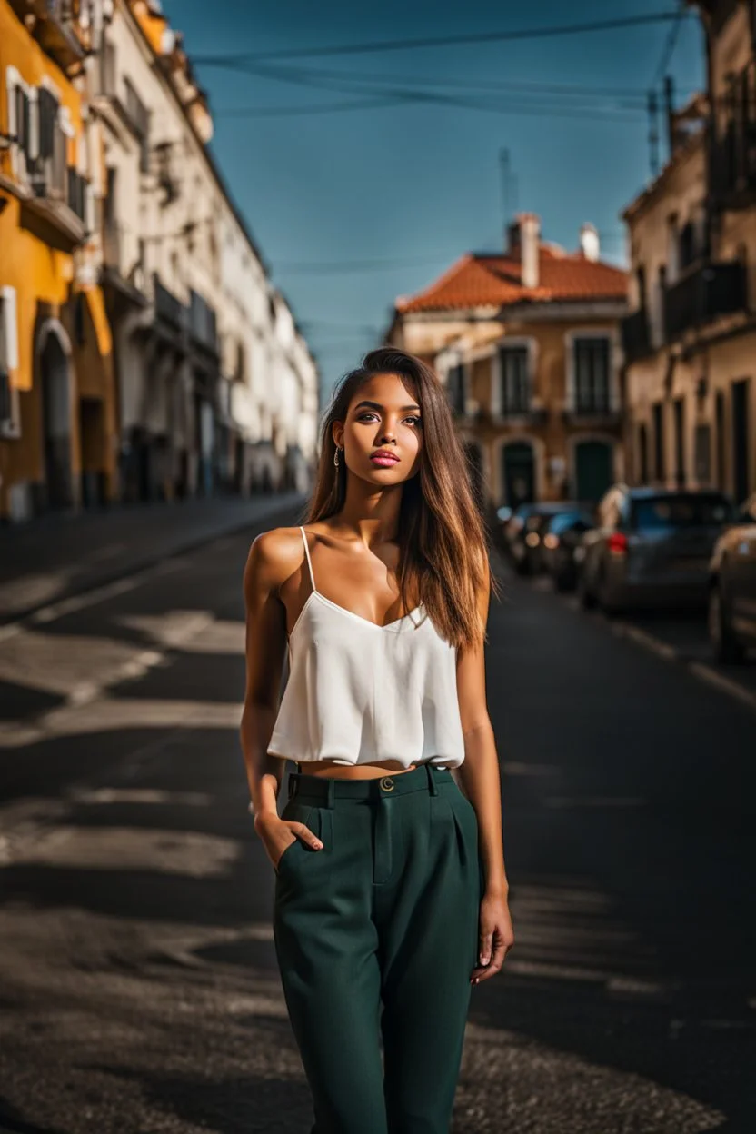 full body shot Young woman, 20 years old, wearing nice pant and top walk in street,looking to camera