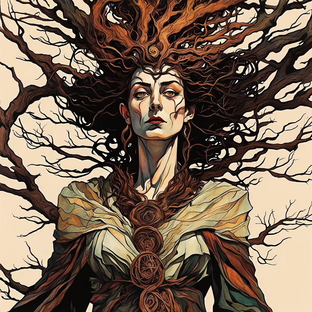 Egon Schiele, Abraham Rattner style abstract expressionist, full body comic book illustration of a pagan druid priestess, bristlecone pine sculpture , dark and dry branches, harmony, intricately detailed, highly detailed facial features, ethereal, elemental, otherworldly, the smell of the ancient essence of eternity in vibrant natural color