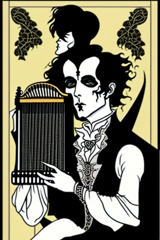 goth male necromancer with black hair playing a autoharp in the style of Aubrey Beardsley