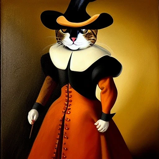 retrato cuerpo entero al oleo en canvas del gato con vestimenta de Mosquetero con estilo de Diego Velázquez