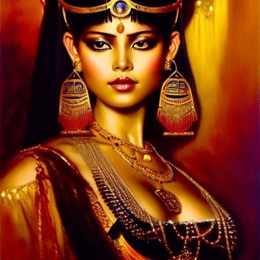 Drawing of beautiful face,busty 'cleopatra',throne,hieroglyphics,balanciaga fashion clothe painting by gaston bussiere, greg rutkowski, yoji shinkawa, yoshitaka amano, tsutomu nihei, donato giancola, tim hildebrandt, oil on canvas, cinematic composition, extreme detail,fit full head inside picture,16k