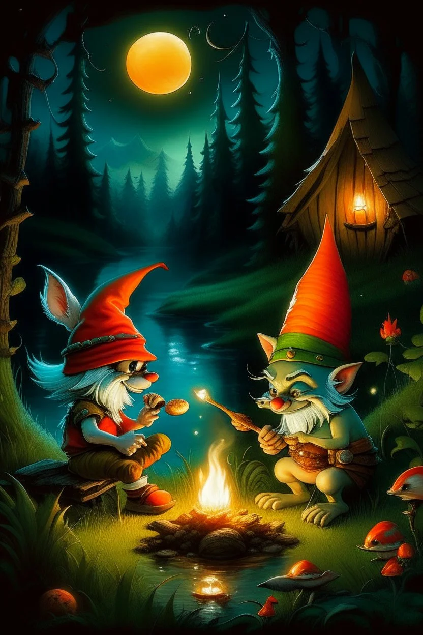 a gnome and a goblin eating in front of a fish fire, riverbank, night, moonlight, figure with fox mask behind