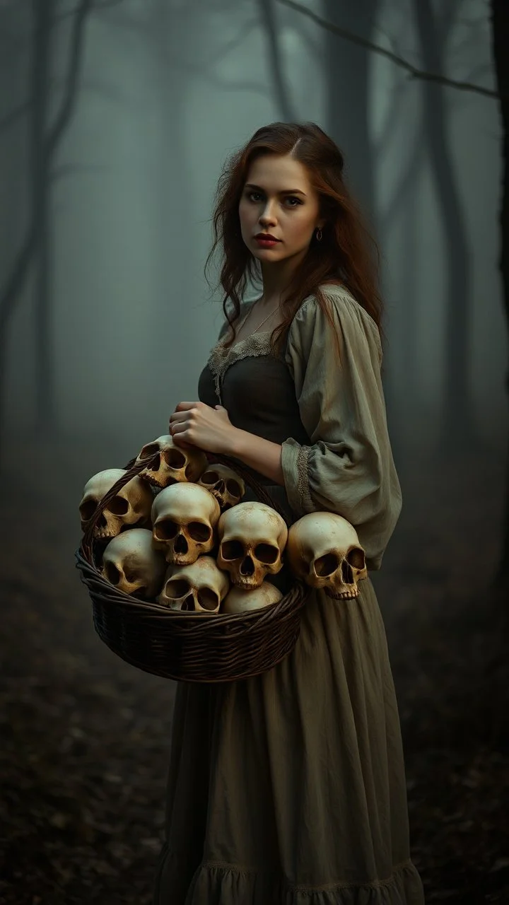 Vintage portrait of a beautiful woman carrying a basket of human skulls standing in a misty and foggy forest background, eerie twilight lighting