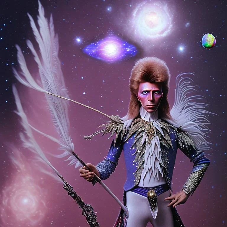 david bowie, white owl feather fancy clothes, Jim Henson's The Labyrinth, Jareth the goblin king, crystal ball in hand, wearing spandex grey leggings with a crotch bulge, labyrinth stairs going in every direction, broken world, galaxy stars and supernova background