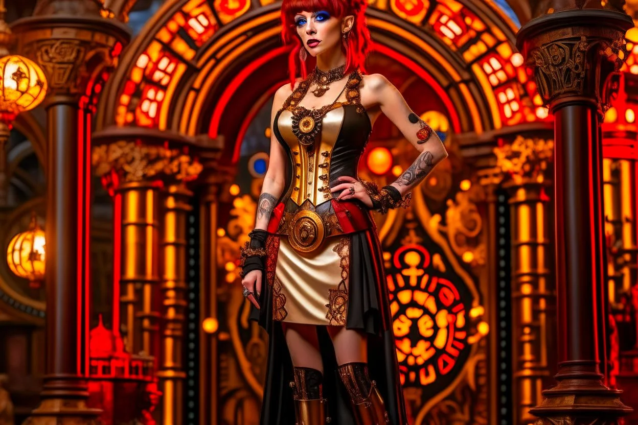 full body shot of a skinny Cleopatra, with a bob red hairstyle, standing in a steampunk setting.