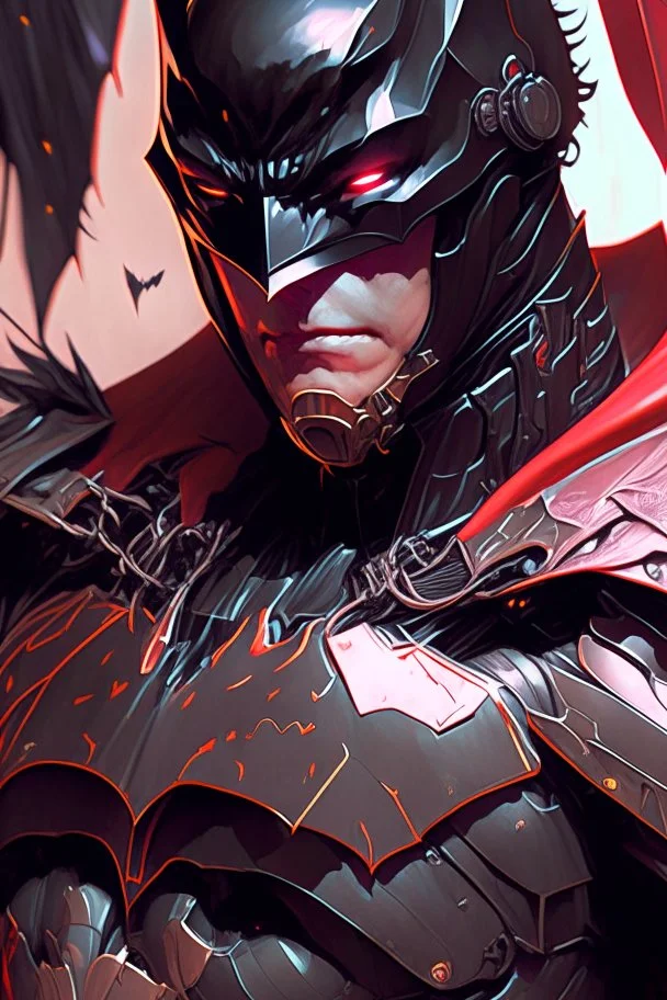 a close up of a person wearing a batman costume, batman mecha, black and reddish color armor, masayoshi suto and artgerm, heise-lian yan fang, by Ross Tran, cyberpunk batman, artgerm and ben lo and mucha, ross tran and bayard wu, ornate gothic armor, by Ye Xin