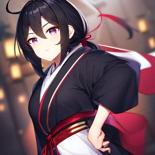 Clear focus, High resolution, Black hair, low small ponytail, purple dead eyes, japanese outfit, serious expression, one arm on hip, other hand free, purple red white and black outfit, skirt, slit in skirt, ahoge, (solo)