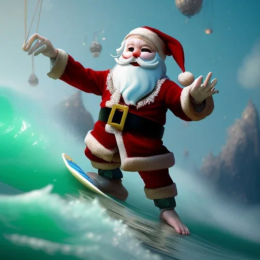 Santa surfing a big wave, surfboard, beach, character design by cory loftis, fenghua zhong, ryohei hase, ismail inceoglu and ruan jia. unreal engine 5, artistic lighting, highly detailed, photorealistic, fantasy