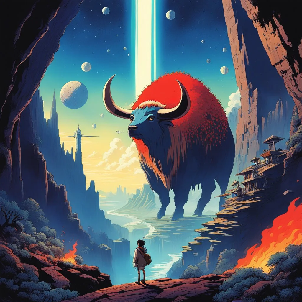 [art by ghibli mononoke] In a realm of cosmic wonder, Jesus explores canyon holes with geometric carvings, encountering microscopic water bears and a punk band with spiky hair. Inside a unique spaceship, he witnesses a planet in chaos, with running bison and falling buildings amidst the fiery skyline of New York. The surreal scene intertwines skin follicles, mannequins, and seaweed mattresses in a dance of existence, revealing the essence of creation and transformation. Amidst the mysteries of t