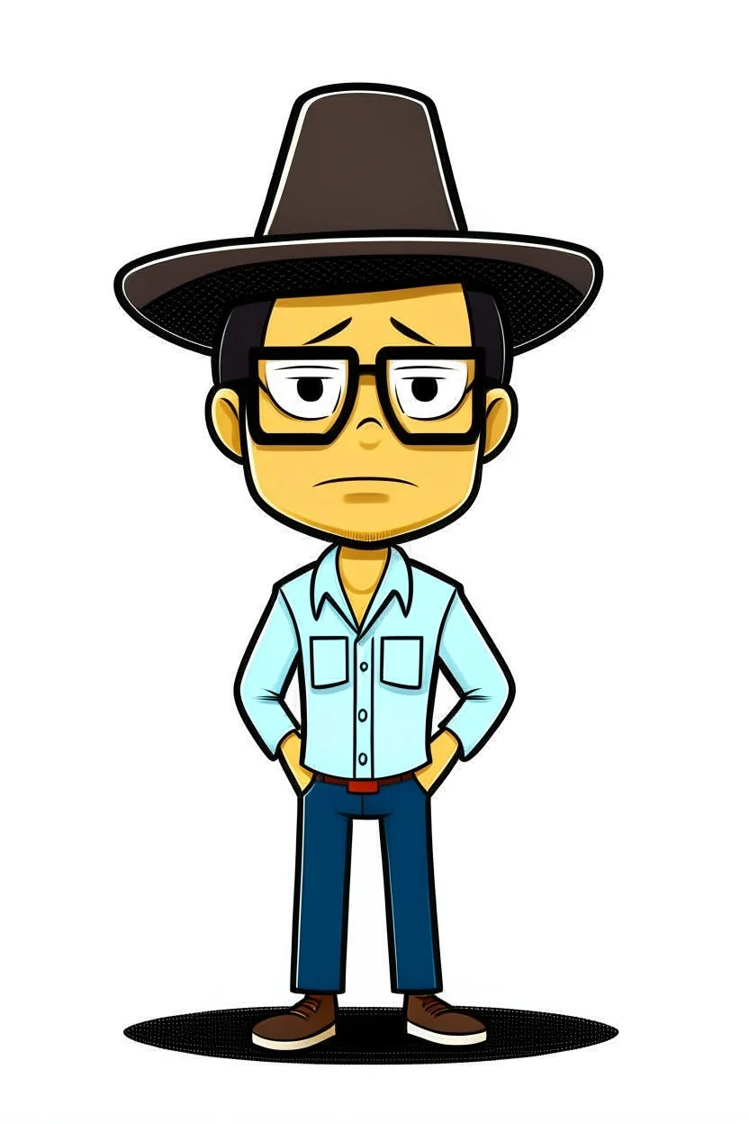 Drawing of Gustavo Petro serious with hat, jeans and shirt no lentes speaking in a speech full body chibi