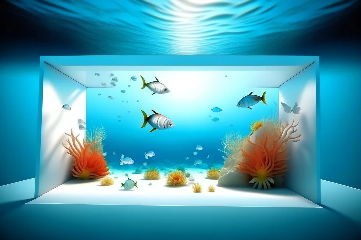 white,background,looking,through,a 3-d, square hole,watching,tropical,fish,swimming,in,the,ocean