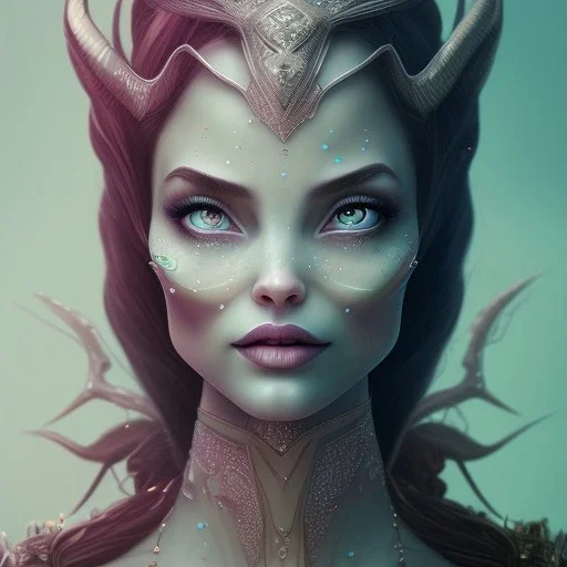 Portrait of old wiched " enchantress Morgan" with and mid-12th century elegant apparel.extremely detailed face,black clear Big eyes,perfectly centered image,intricate detail.korra character face style.and Kilian Eng art color. with black maleficent style horns