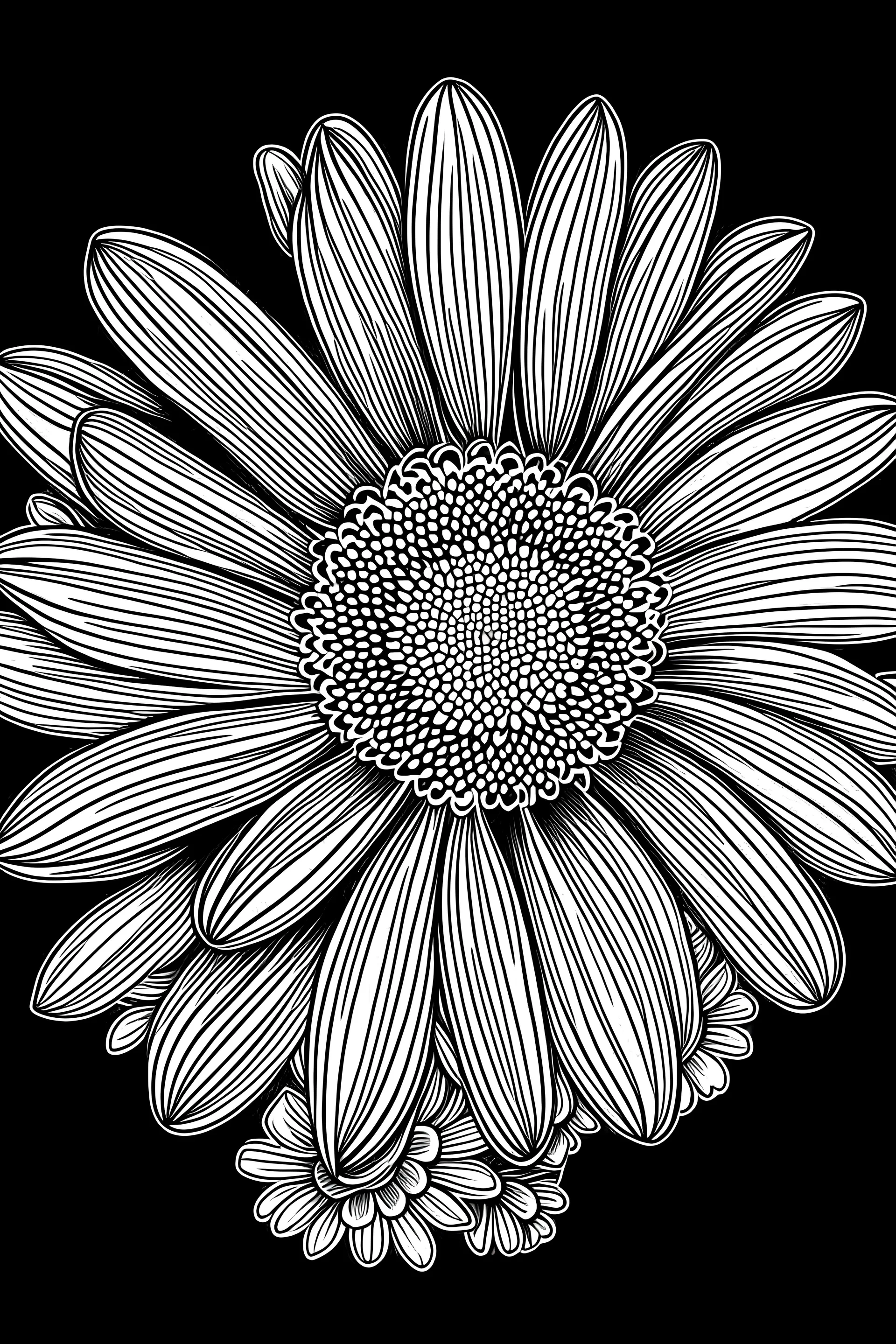 African Daisy coloring book for kids, black blackground, white and black