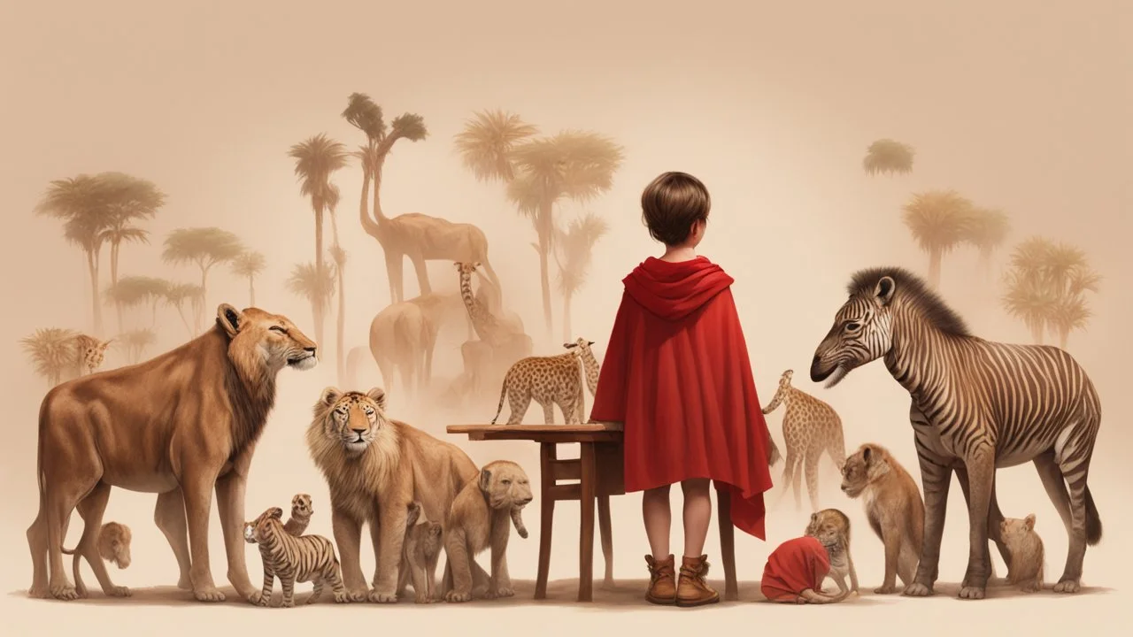 A young girl with short brown hair, wearing a red cape, sitting on a wooden chair, facing away and looking at a group of animals which includes a giraffe, elephant, lion, cheetah, tiger, zebra, and an ostrich, all rendered in a beige and brown color palette with a plain background.